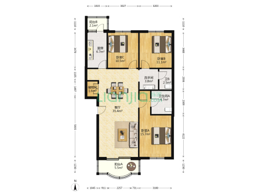 沙阳路16号院 3室1厅3卫 127平方