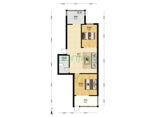 人民路153号院 2室1厅1卫 77平方