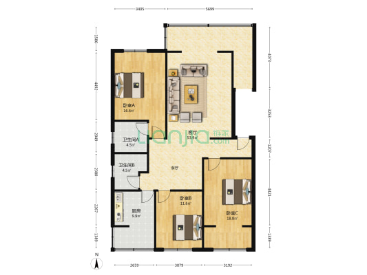 天泰苑 3室1厅2卫 137平方