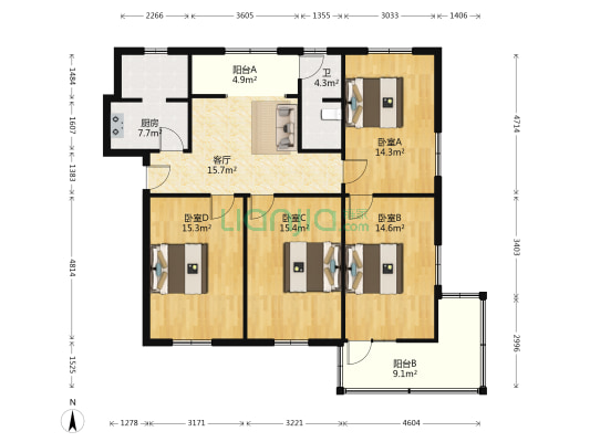 法院宿舍西苑 4室1厅1卫 105平方