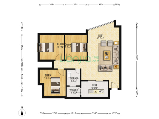 彩色奥邻 3室1厅2卫 106平方