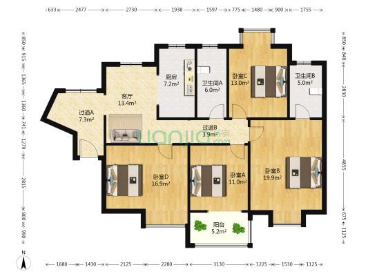 日成奥运城小区 4室1厅2卫 133平方
