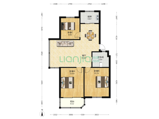 辕门水景公寓 3室1厅1卫 104平方