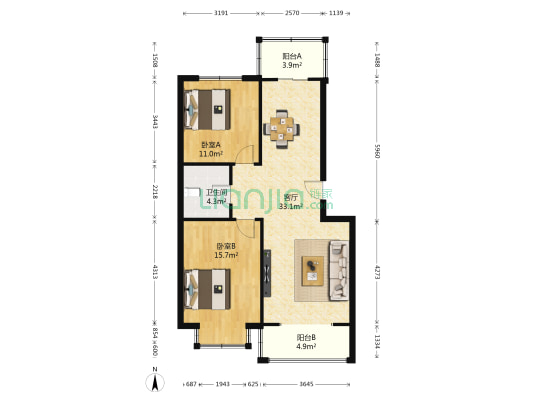 喜凤花园 2室1厅1卫 96平方