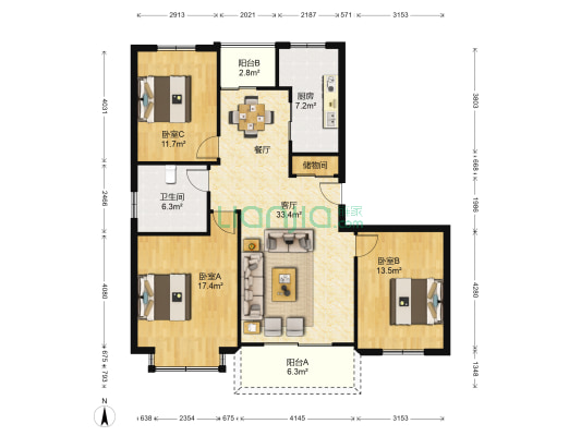 梦景苑 3室1厅1卫 126平方