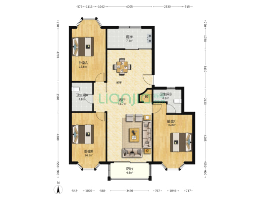 青龙苑 3室1厅2卫 129平方