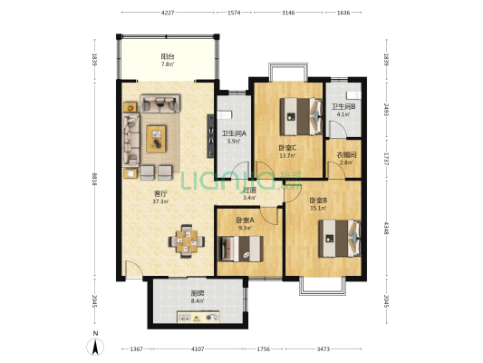 红建小区 3室1厅2卫 134平方