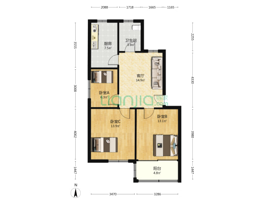 体育局宿舍 3室1厅1卫 83平方