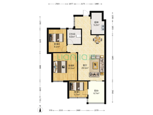 大明翰泽苑 3室1厅1卫 80平方