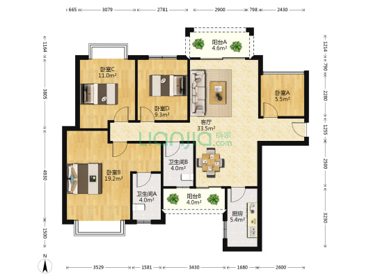 凤江绿缘 4室1厅2卫 125平方