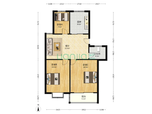 天地花苑 3室1厅1卫 104平方