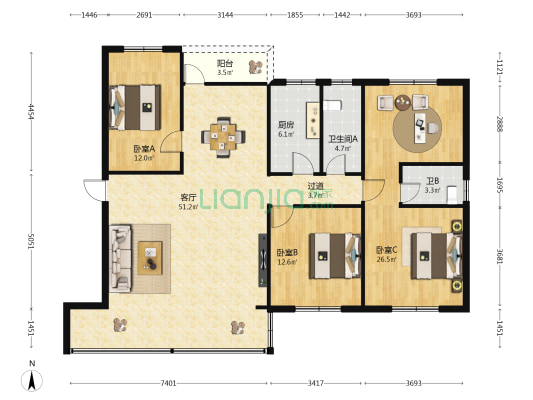 海南省人民医院 3室1厅2卫 140平方