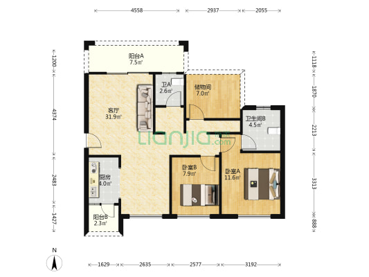 正黄金色云庭 2室1厅2卫 88平方