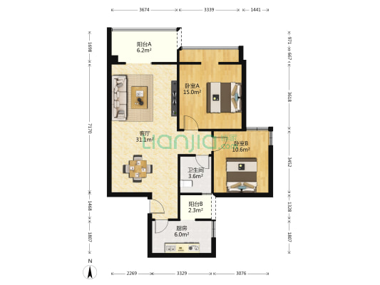 二号花园 2室1厅1卫 89平方