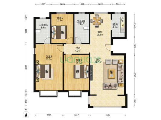 绿茵花园 3室2厅2卫 140平方