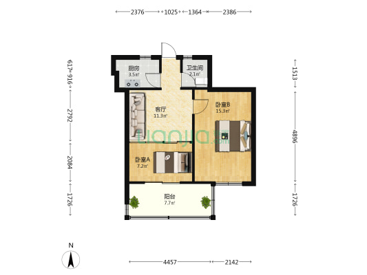 检察院住宅楼 2室1厅1卫 54平方