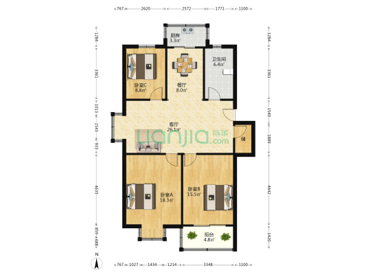 紫竹园 3室2厅1卫 112平方