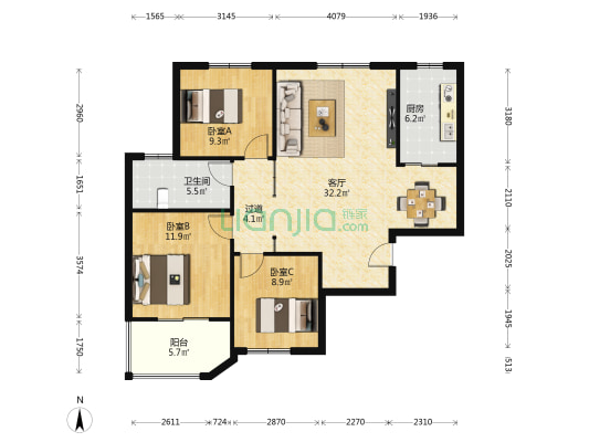 燕山新居 3室1厅1卫 107平方