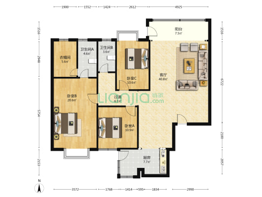 钻石豪园 3室1厅2卫 149平方