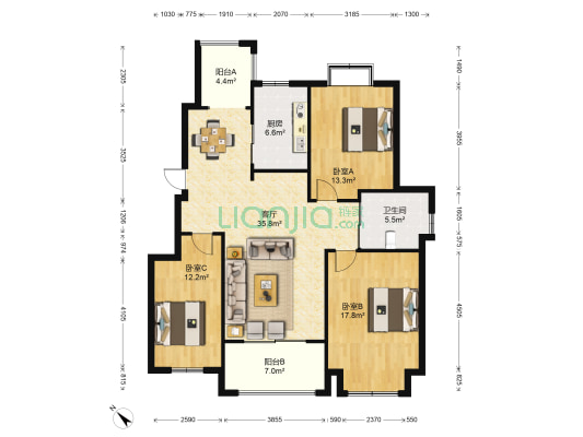 爱涛天逸园 3室1厅1卫 117平方
