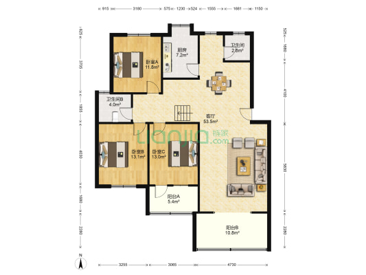线路所小区 3室1厅2卫 136平方