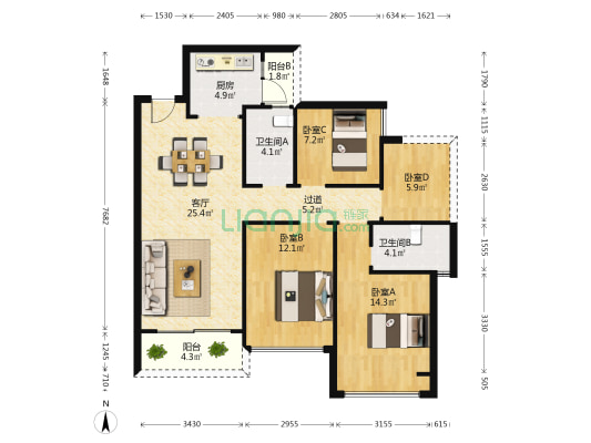 中洲河谷花园 4室1厅2卫 109平方