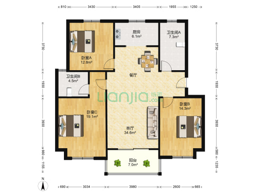 火炬花苑 3室1厅2卫 122平方
