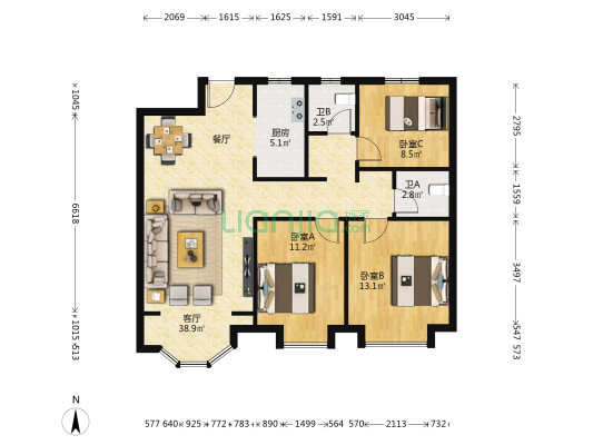 中参雅园 3室1厅2卫 120平方
