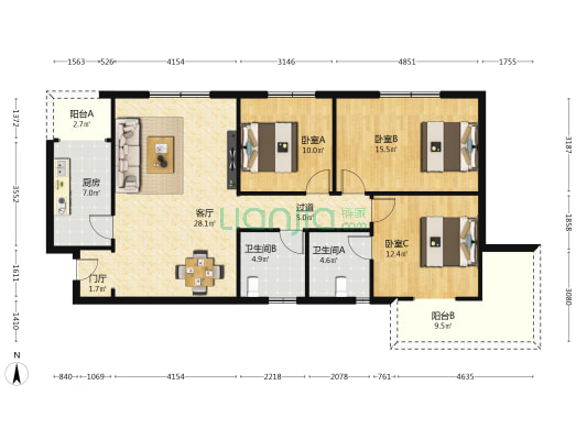雅沁苑 3室1厅2卫 124平方