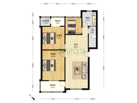 长冶路一段37号 3室1厅2卫 77平方