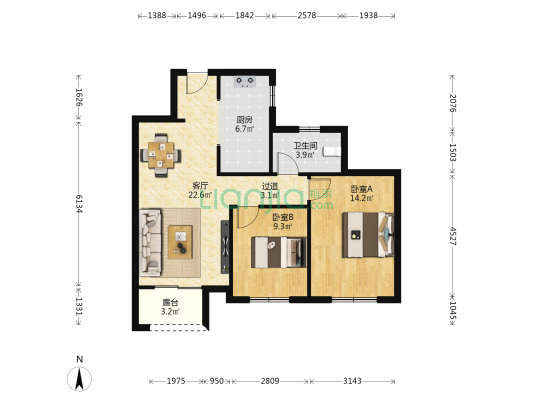 绿地米勒国际花都 2室1厅1卫 85平方