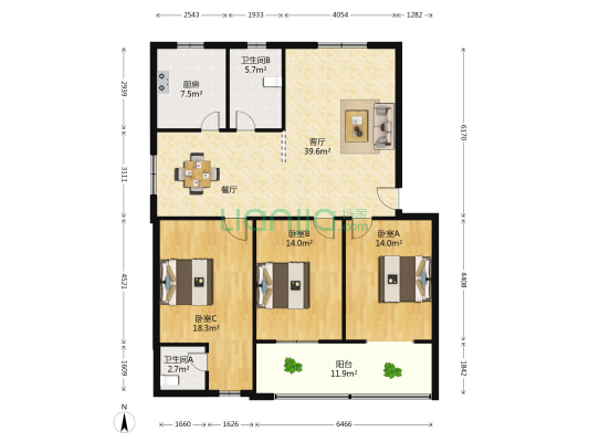 龙头街水产局 3室1厅2卫 131平方