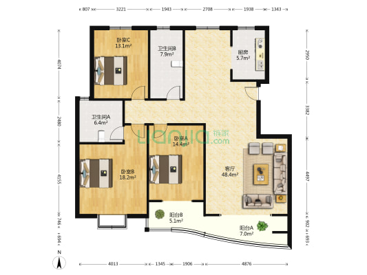 明珠花园 3室1厅2卫 146平方