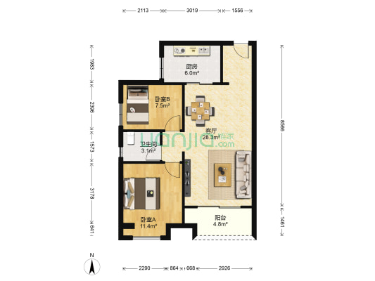 大冲都市花园 2室1厅1卫 80平方