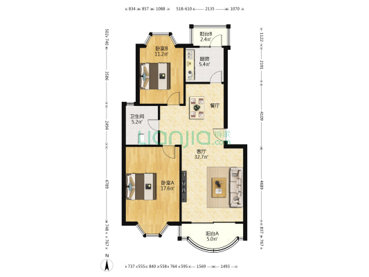 爱里舍花园(公寓) 2室1厅1卫 90平方