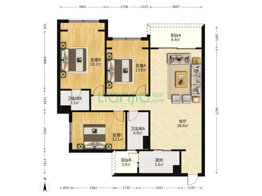 远大中央公园四期 3室1厅2卫 120平方