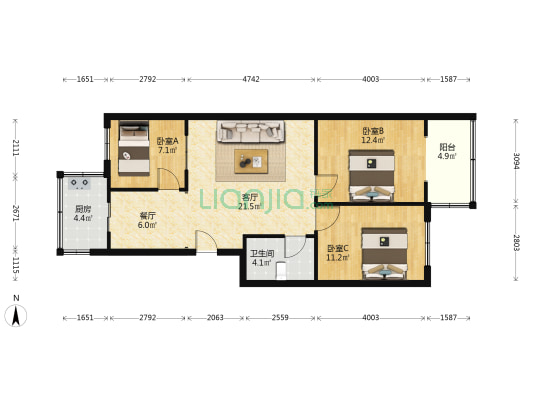 长虹公寓 3室2厅1卫 93平方