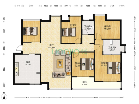 湖滨壹号花园一期 4室1厅2卫 150平方
