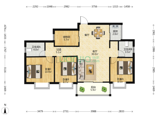 市政住宅小区 3室1厅2卫 103平方
