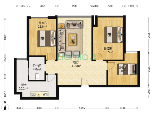 绿地468云玺五期 3室1厅1卫 88平方