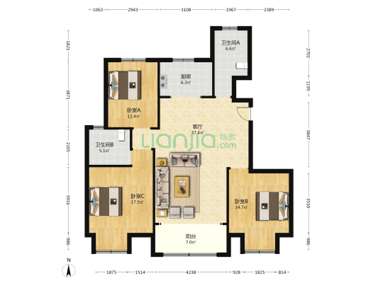 金南花苑一期 3室1厅2卫 143平方