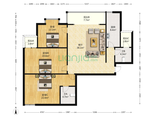 升远大厦 3室1厅2卫 163平方