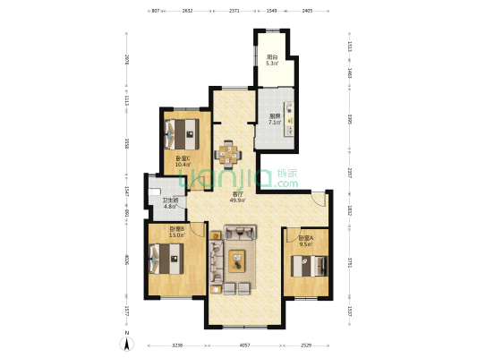 明珠城叁号院 3室1厅1卫 126平方