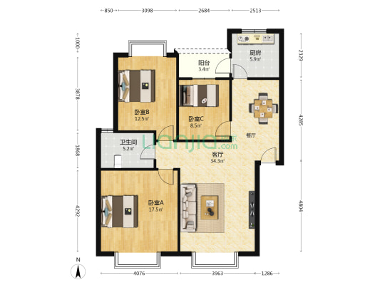 华韵庭苑 3室1厅1卫 105平方