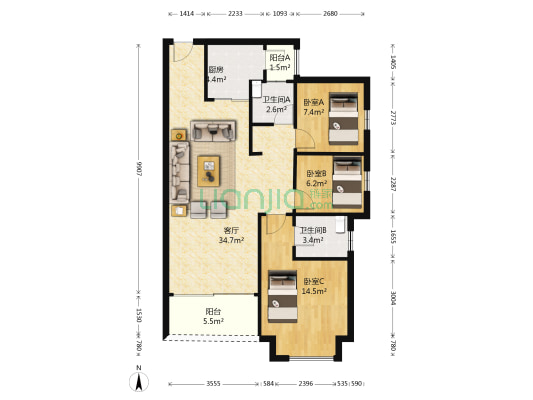 龙光城北三期 3室1厅2卫 89平方