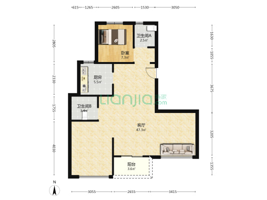 鸿悦府 1室1厅2卫 92平方