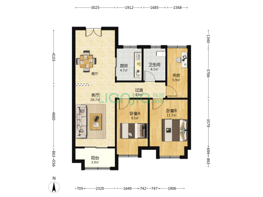 物华苑四期北区 3室1厅1卫 92平方