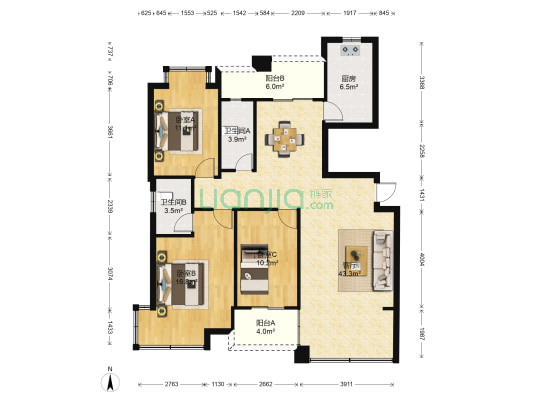 国际华城B区 3室1厅2卫 122平方