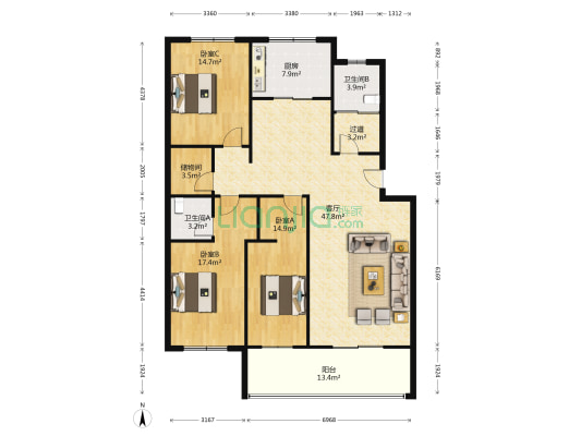 山东医专教职工宿舍 3室1厅2卫 163平方