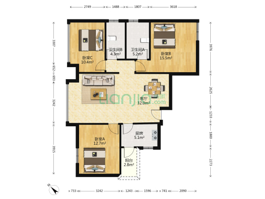 嘉顺华庭 3室1厅2卫 108平方